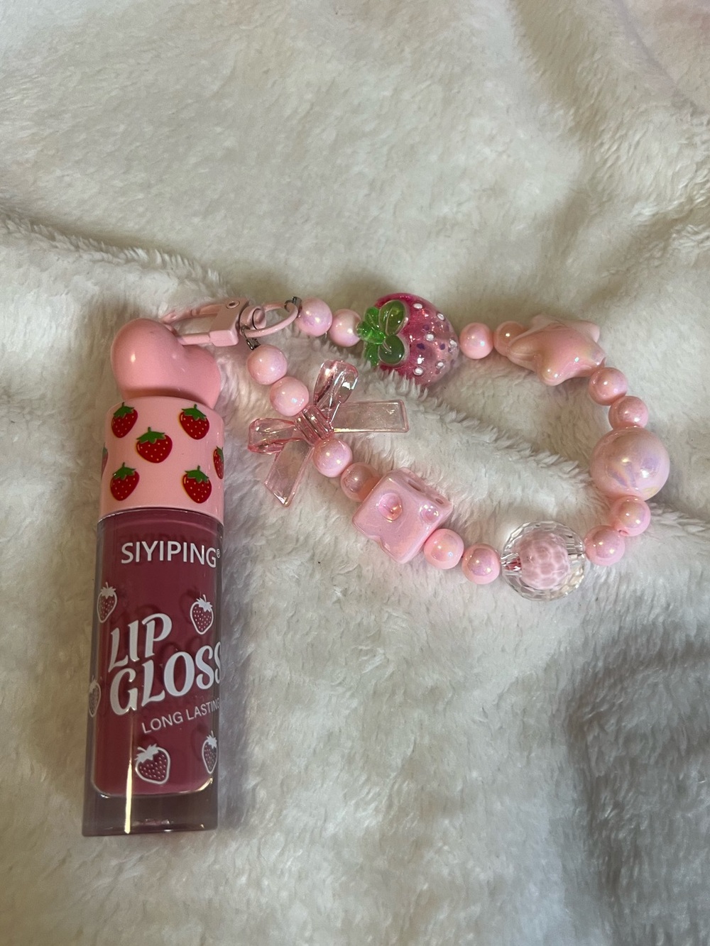 Strawberry Lip Gloss with Matching Pink Beaded Bag Charm